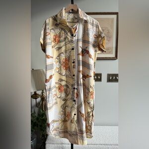 Paisley and Floral Bird Shirt Dress with Pockets | Midi Shirt Button Up Floral